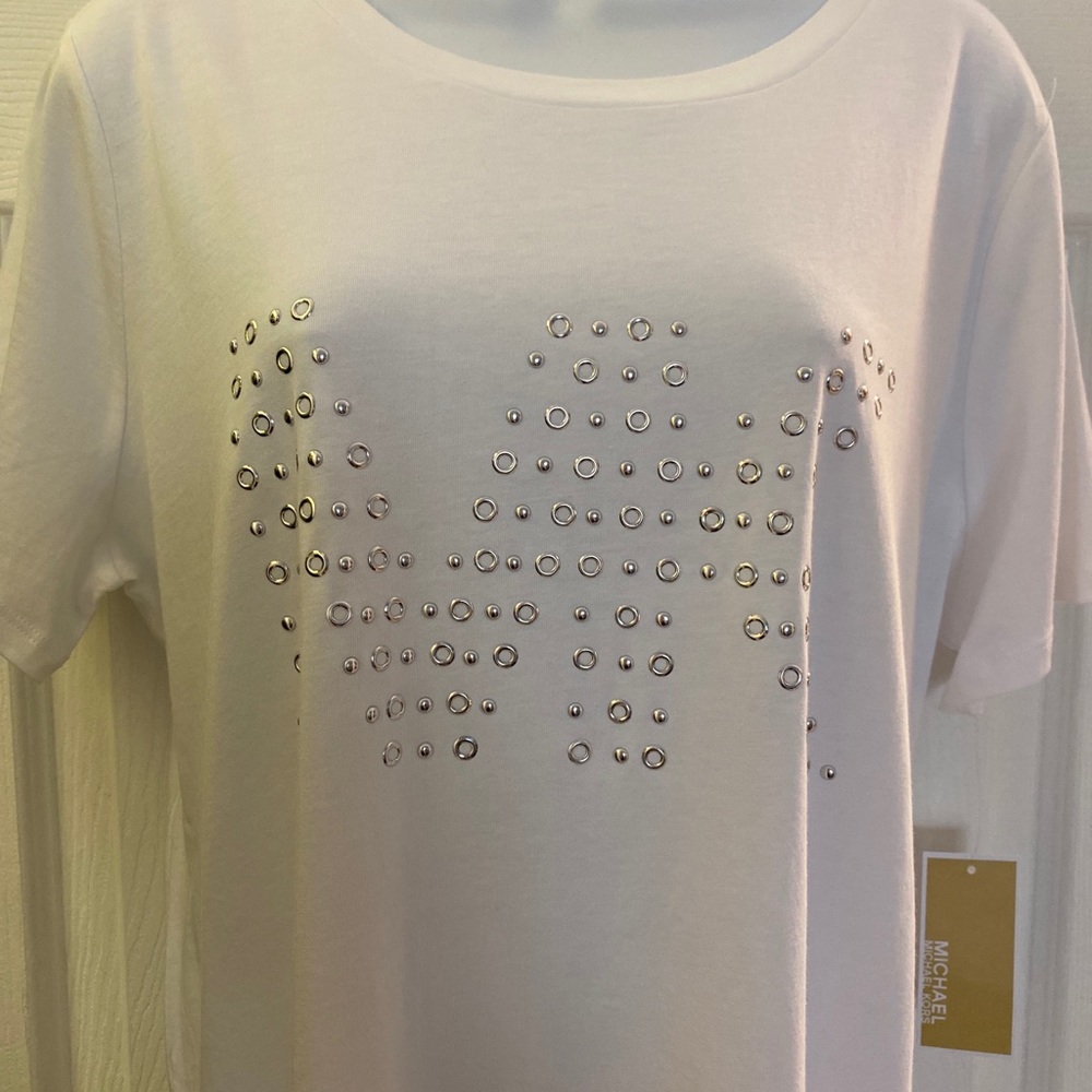 MICHAEL KORS WOMENS T-SHIRT SILVER STUD MK LOGO